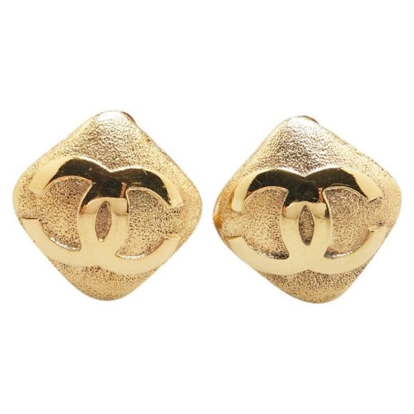 CHANEL CC Logos Rhombus Clip-On Earrings Gold Tone 29 Auth w/Box #09178 - Picture 1 of 6